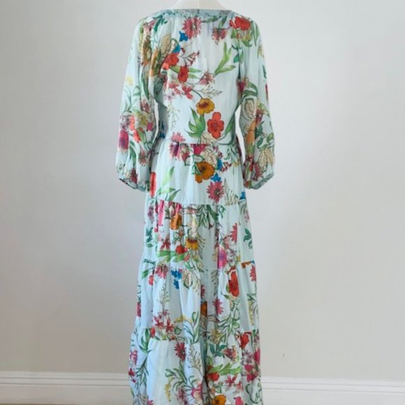 Johnny Was Medium Blue Floral Maxi long silk Dress, Boho Vintage - Picture 2 of 5